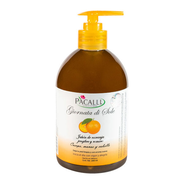 Jabón Liquido Giornata di Sole PACALLI · Con Extracto de Romero y Aceite Esencial de Naranja · 240 ml