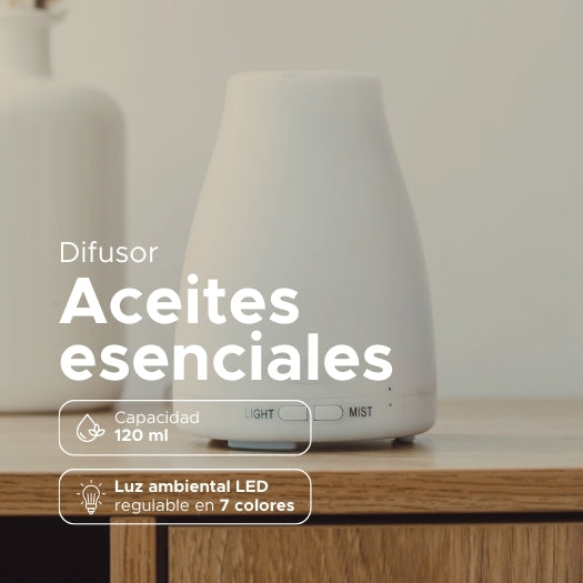 Difusor de Aceites Esenciales PACALLI · Portátil con Luz LED Regulable · 120 ml
