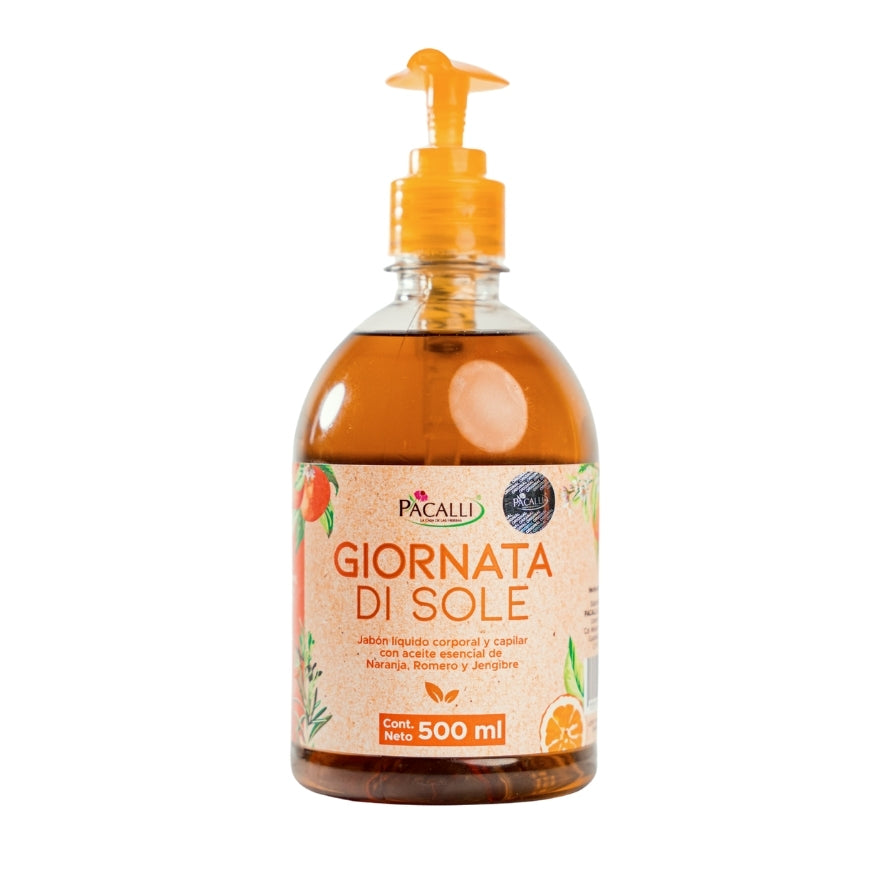 Jabón Liquido Giornata di Sole PACALLI · Con Extracto de Romero y Aceite Esencial de Naranja · 500 ml