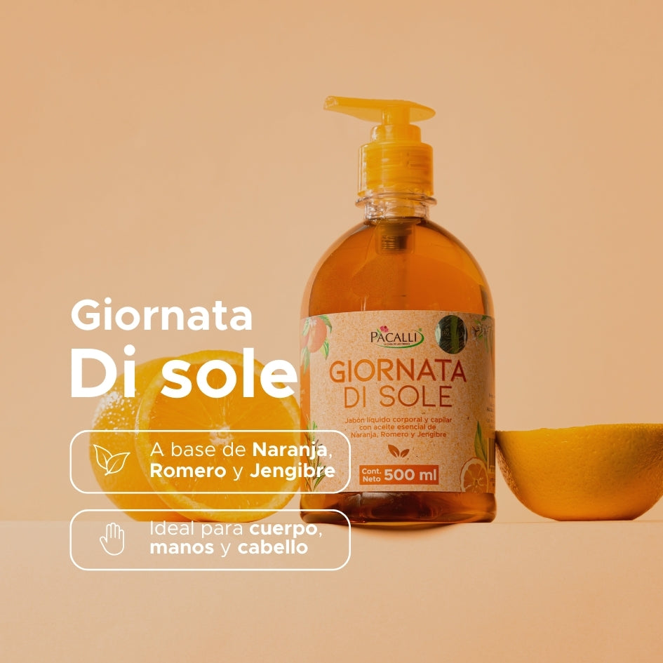 Jabón Liquido Giornata di Sole PACALLI · Con Extracto de Romero y Aceite Esencial de Naranja · 500 ml
