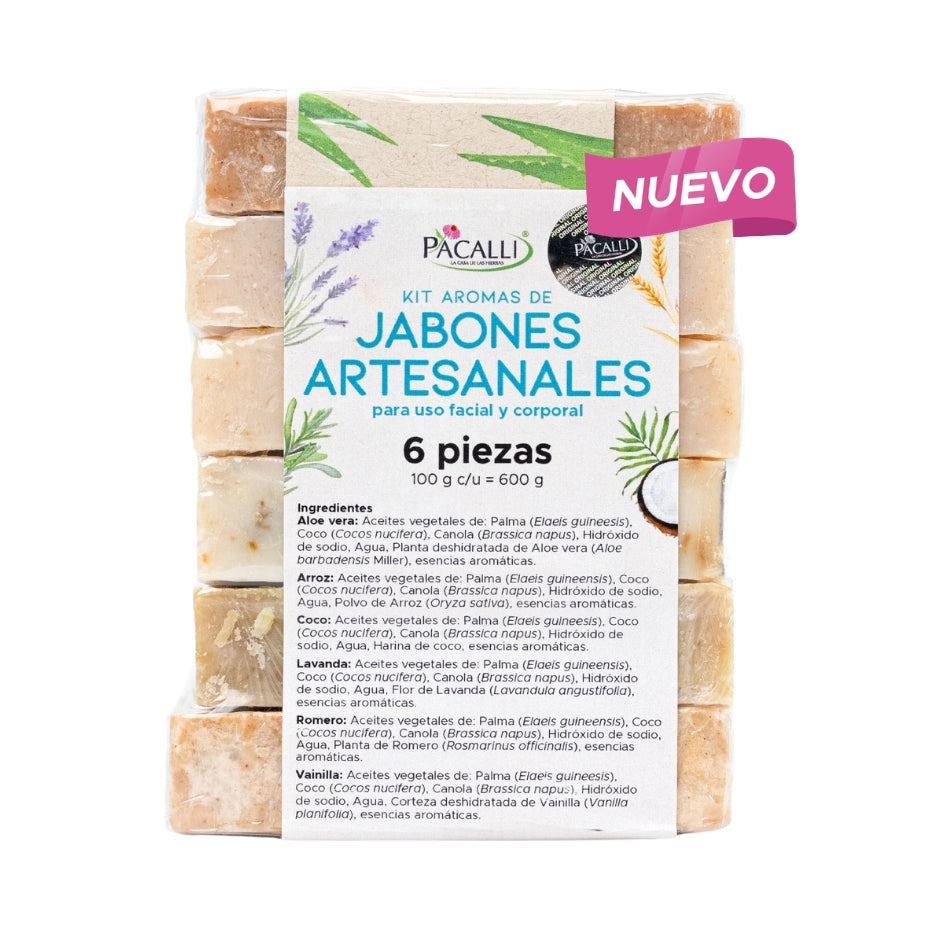 Kit Aromas de Jabones Artesanales PACALLI · 6 Piezas · Aloe Vera, Arroz, Coco, Lavanda, Romero y Vainilla · 100 g c/u