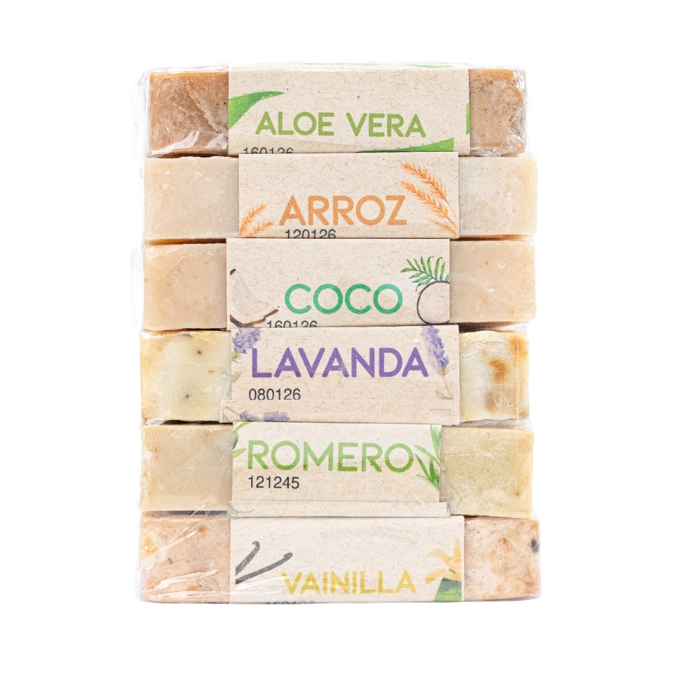Kit Aromas de Jabones Artesanales PACALLI · 6 Piezas · Aloe Vera, Arroz, Coco, Lavanda, Romero y Vainilla · 100 g c/u