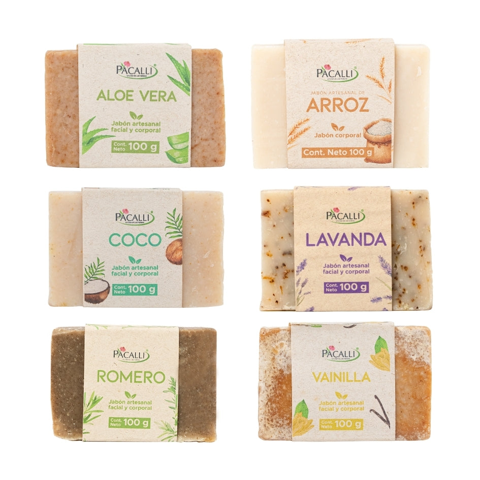 Kit Aromas de Jabones Artesanales PACALLI · 6 Piezas · Aloe Vera, Arroz, Coco, Lavanda, Romero y Vainilla · 100 g c/u