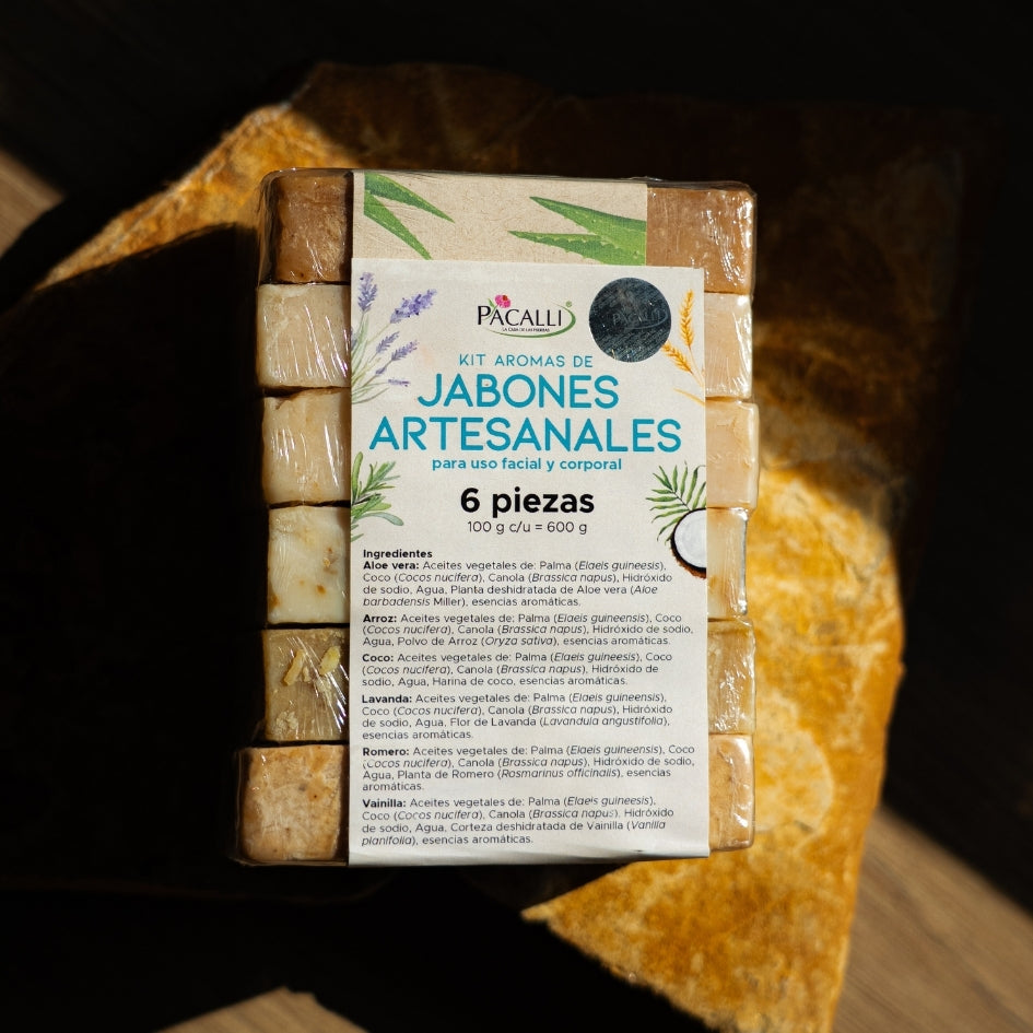 Kit Aromas de Jabones Artesanales PACALLI · 6 Piezas · Aloe Vera, Arroz, Coco, Lavanda, Romero y Vainilla · 100 g c/u