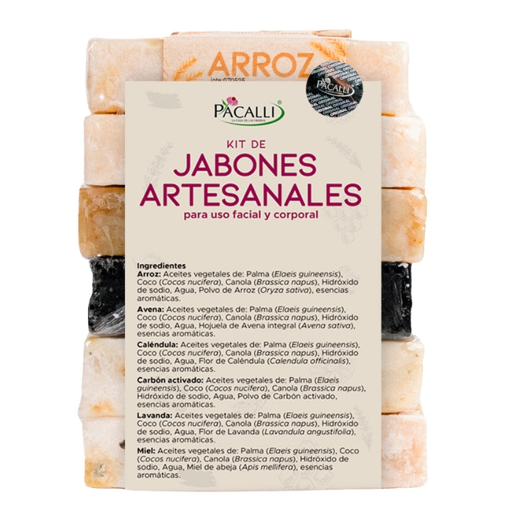 Kit de Jabones Artesanales PACALLI · 6 Piezas · Arroz, Avena, Caléndula, Carbón Activado, Lavanda y Miel de Abeja · 100 g c/u