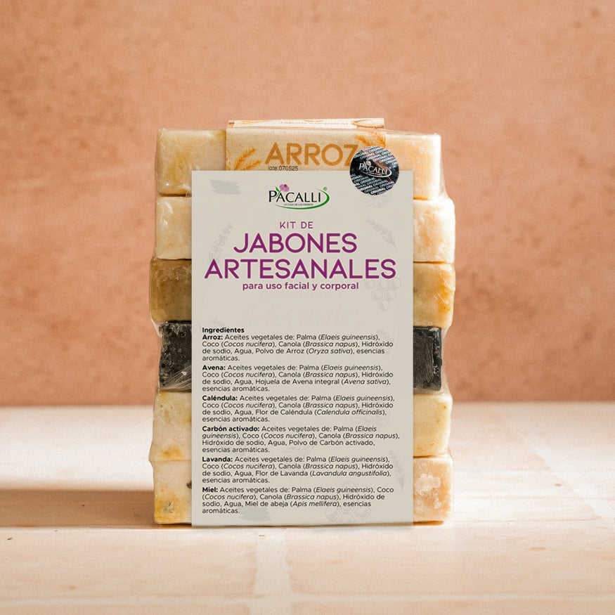 Kit de Jabones Artesanales PACALLI · 6 Piezas · Arroz, Avena, Caléndula, Carbón Activado, Lavanda y Miel de Abeja · 100 g c/u