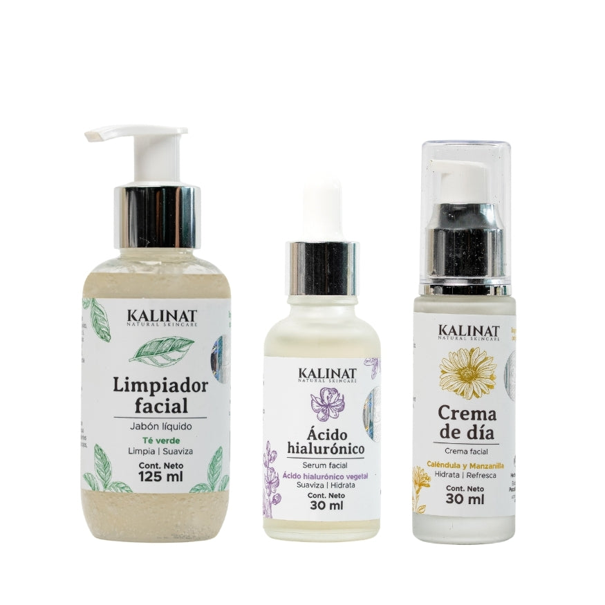 Kit Mi rutina de día Kalinat · 3 piezas (Limpiador Facial, Ácido hialurónico serum y Crema de día)