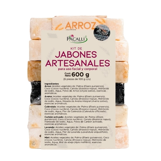 Kit de Jabones Artesanales PACALLI · 6 Piezas · Arroz, Avena, Caléndula, Carbón Activado, Lavanda y Miel de Abeja · 100 g c/u