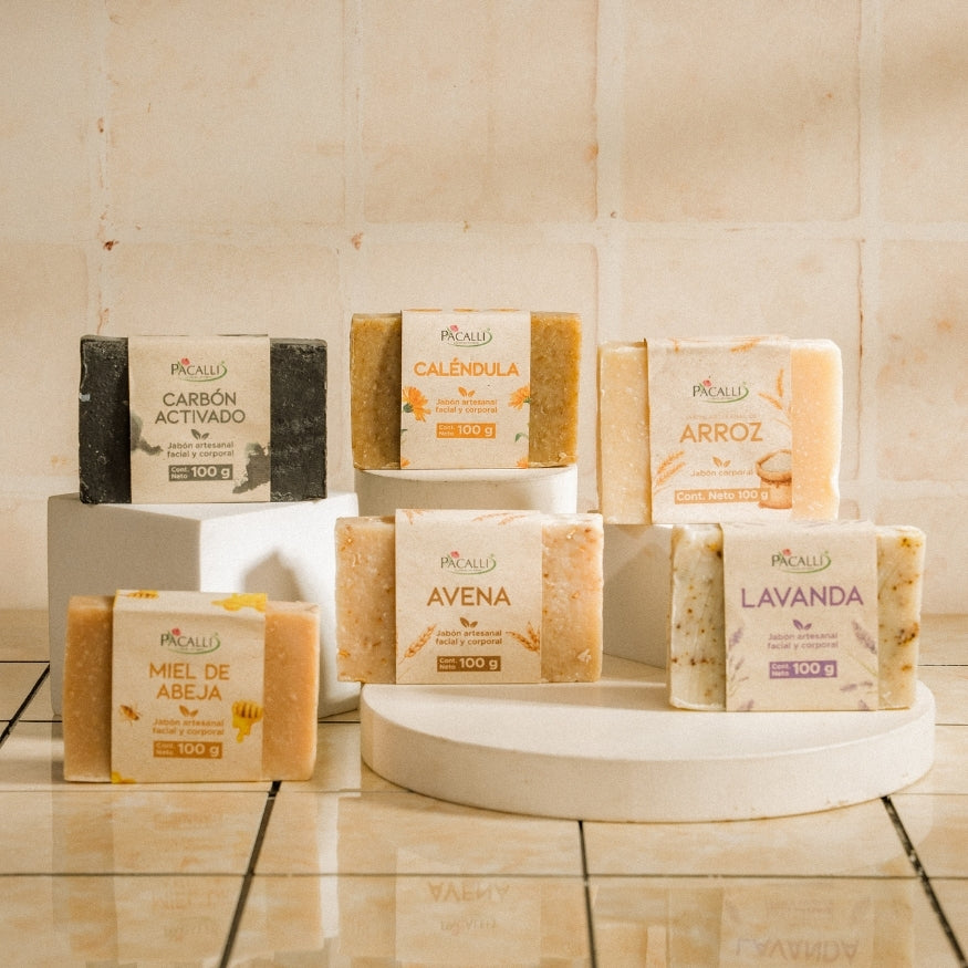 Kit de Jabones Artesanales PACALLI · 6 Piezas · Arroz, Avena, Caléndula, Carbón Activado, Lavanda y Miel de Abeja · 100 g c/u