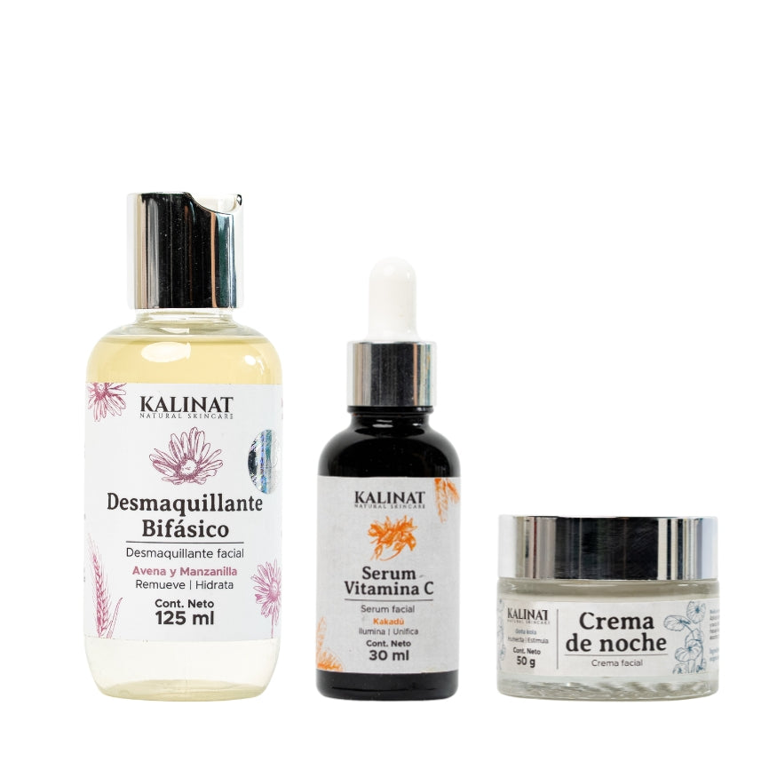 Kit Mi rutina de noche Kalinat · 3 piezas (Desmaquillante bifásico, Serum Vitamina C y Crema de noche)