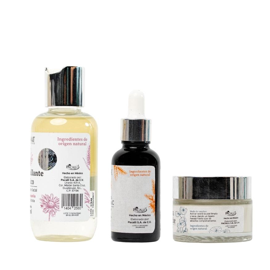 Kit Mi rutina de noche Kalinat · 3 piezas (Desmaquillante bifásico, Serum Vitamina C y Crema de noche)