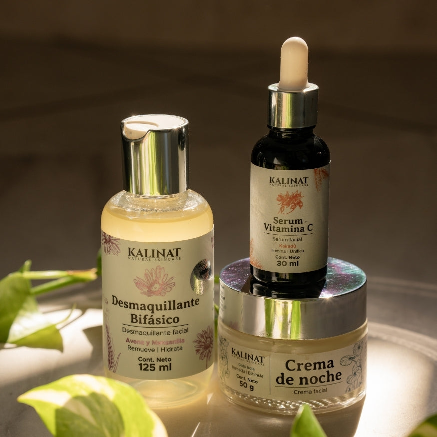 Kit Mi rutina de noche Kalinat · 3 piezas (Desmaquillante bifásico, Serum Vitamina C y Crema de noche)