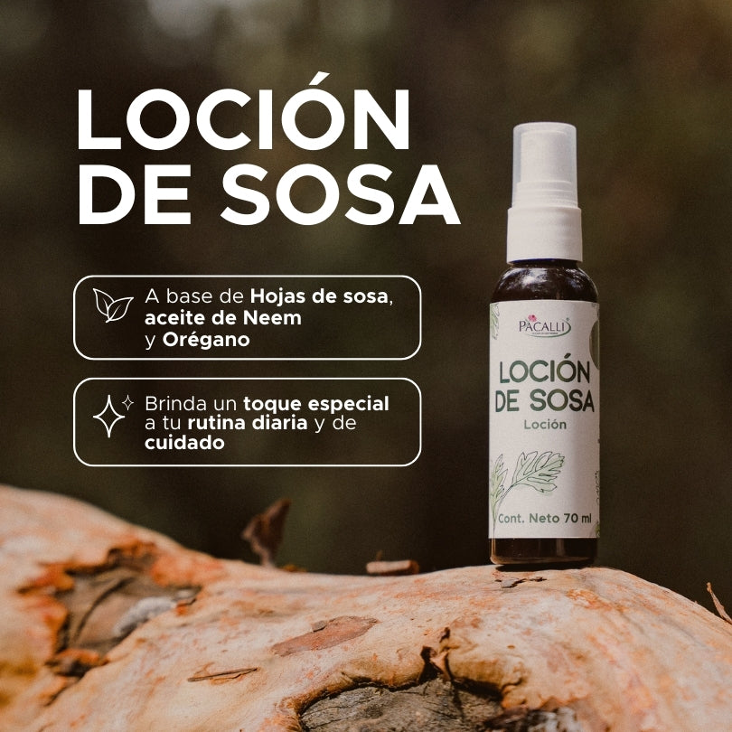Loción de Sosa PACALLI · Extracto de Sosa, Larrea y Aceites de Origen Natural · 70 ml