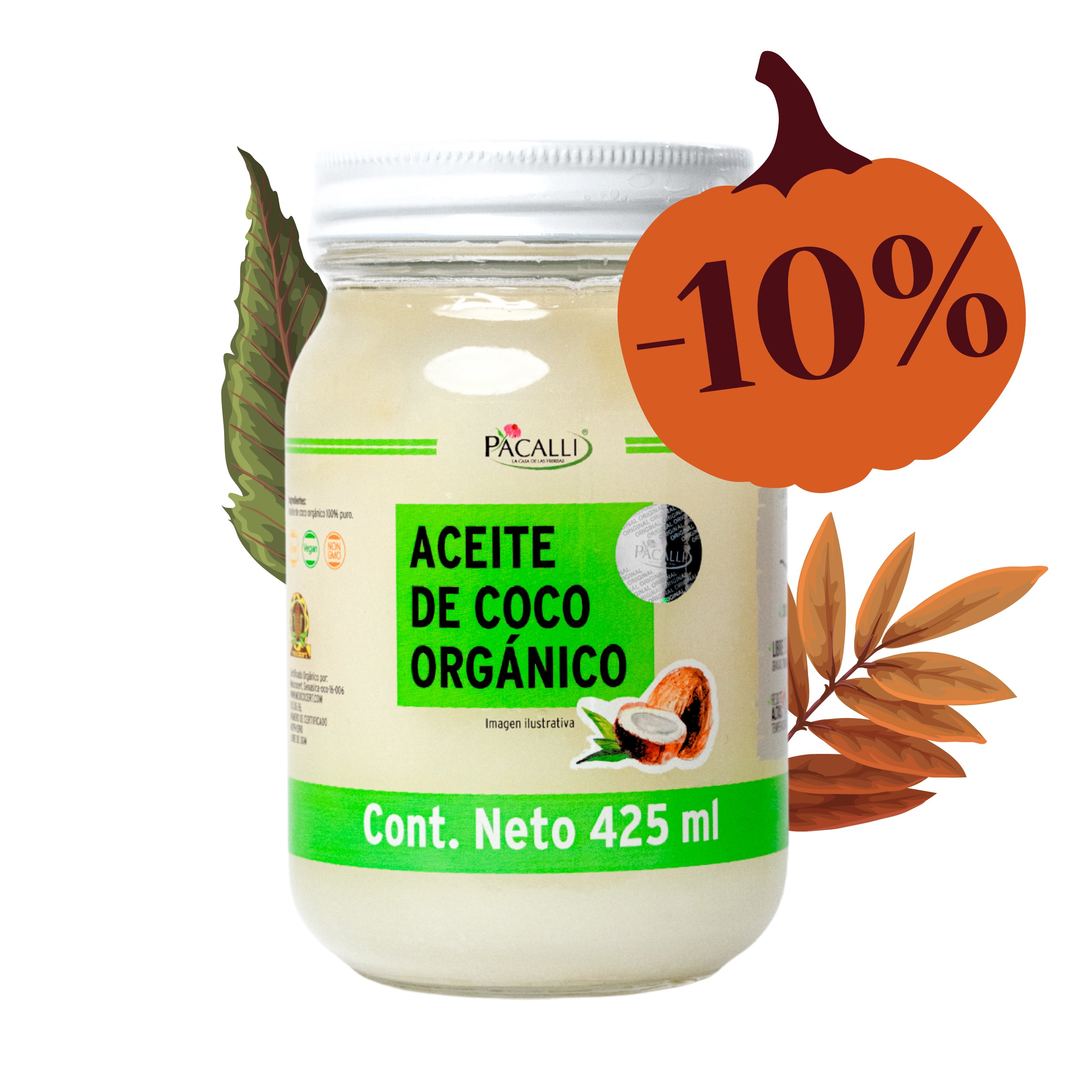 Aceite Comestible Puro de Coco Organico PACALLI · Neutro para Cocina y Repostería · 425 ml