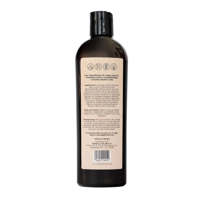 Shampoo Herbal PACALLI · Con Sangre de Drago, Romero, Jengibre y Ortiga · 410 ml