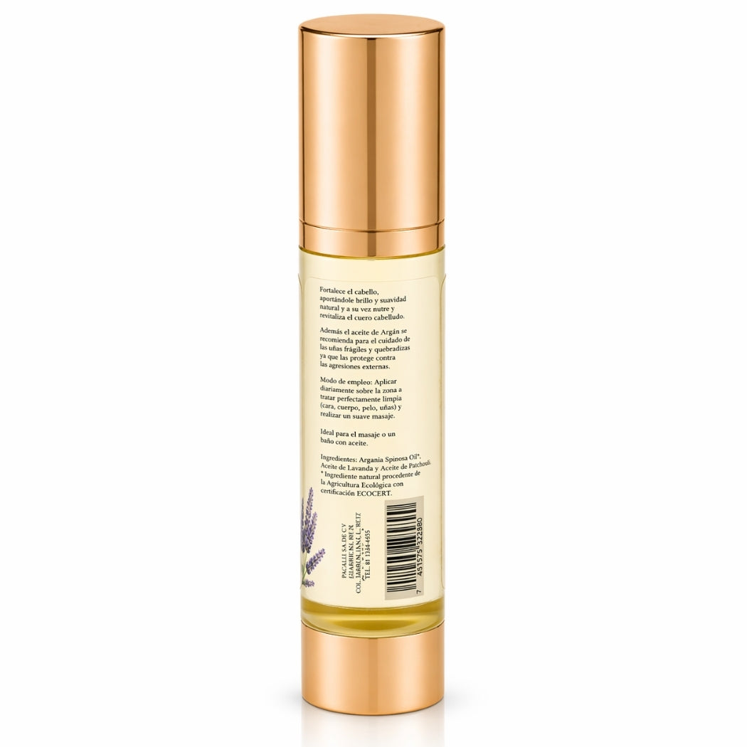 Aceite de Argán Fase II PACALLI con Aceite Esencial de Lavanda y Patchouli · Hidratación y Cuidado · 50 ml