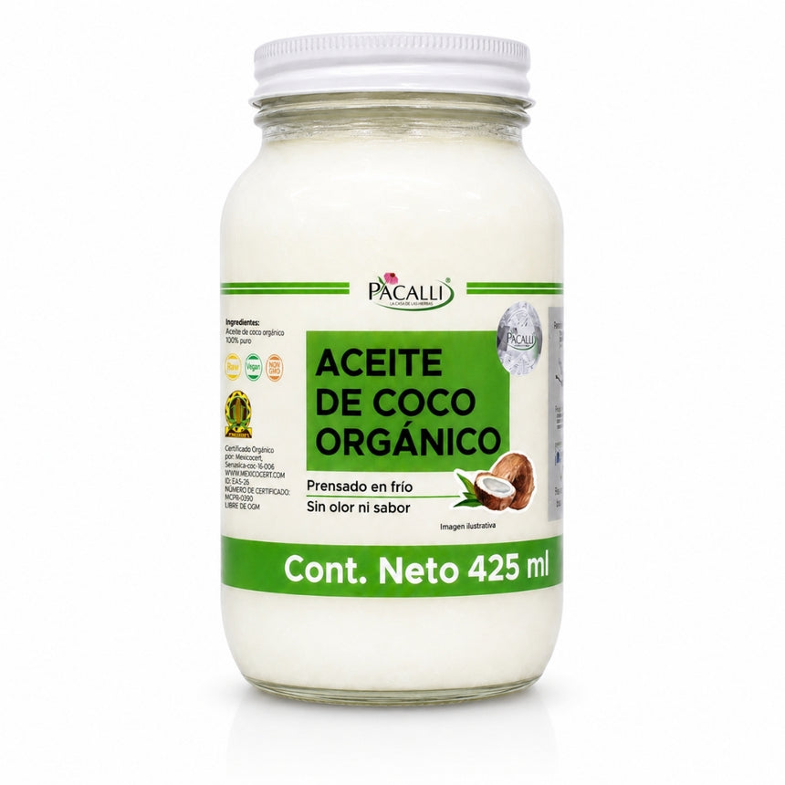 Aceite Comestible Puro de Coco Organico · Neutro para Cocina y Repostería · 425 ml