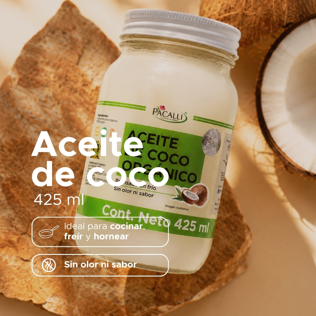 Aceite Comestible Puro de Coco Organico · Neutro para Cocina y Repostería · 425 ml