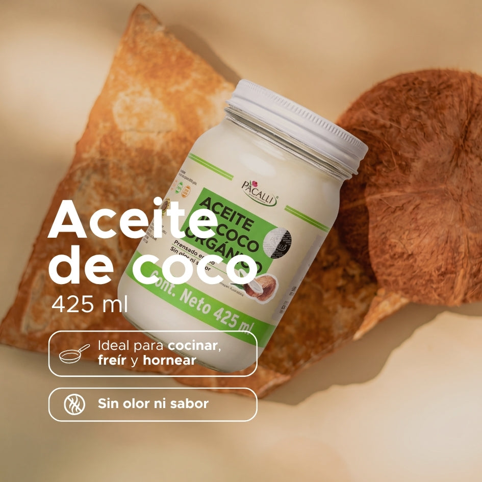 Aceite Comestible Puro de Coco Organico PACALLI · Neutro para Cocina y Repostería · 425 ml