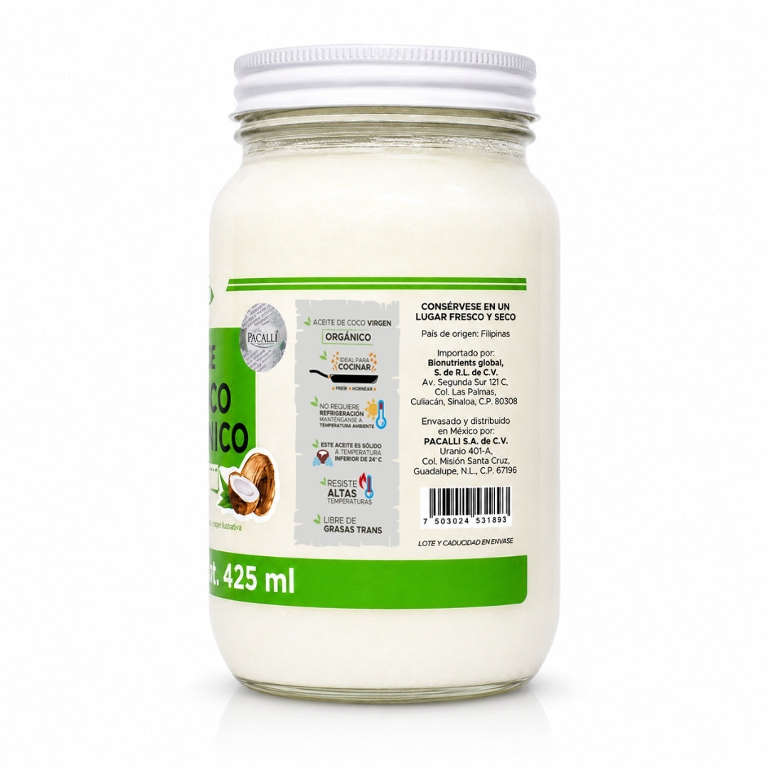 Aceite Comestible Puro de Coco Organico · Neutro para Cocina y Repostería · 425 ml