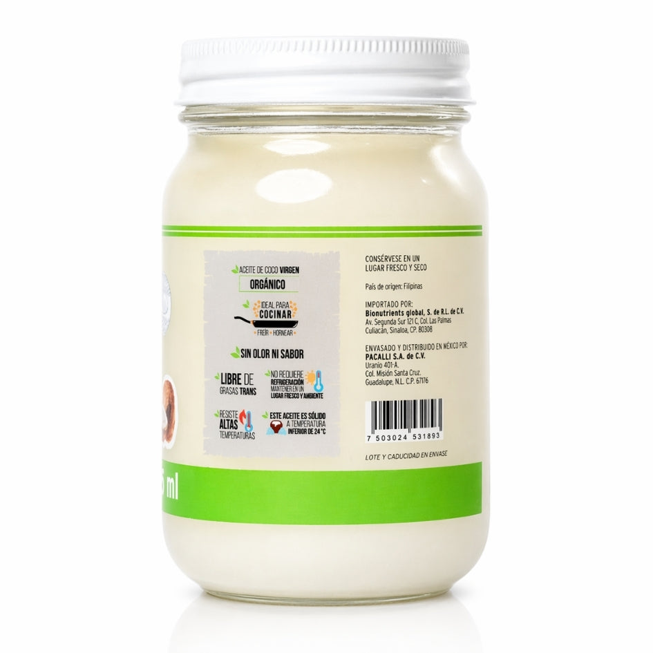 Aceite Comestible Puro de Coco Organico PACALLI · Neutro para Cocina y Repostería · 425 ml