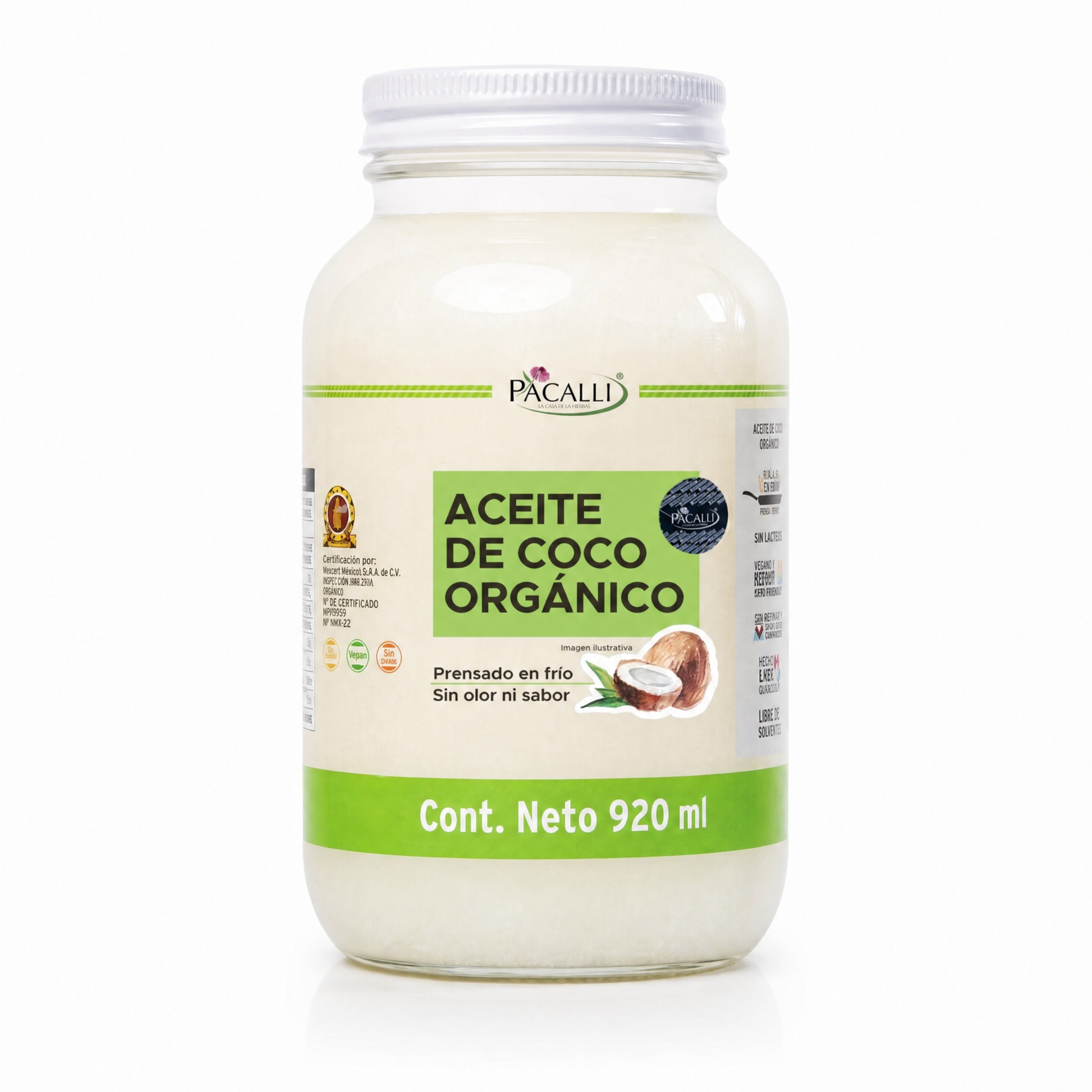 Aceite Comestible Puro de Coco Organico PACALLI · Neutro para Cocina y Repostería · 920 ml