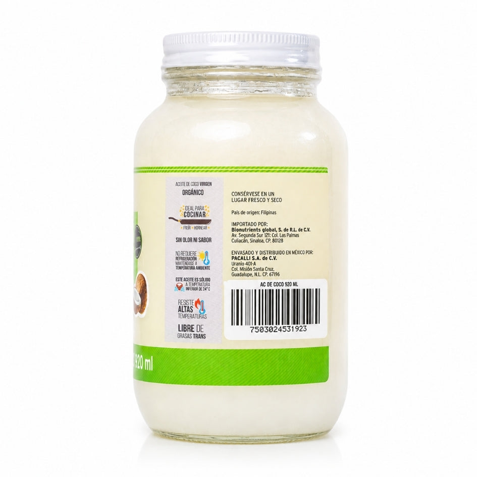 Aceite Comestible Puro de Coco Organico PACALLI · Neutro para Cocina y Repostería · 920 ml