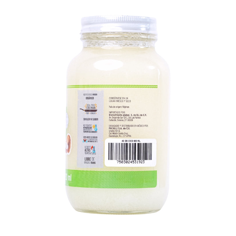 Aceite Comestible Puro de Coco Organico PACALLI · Neutro para Cocina y Repostería · 920 ml