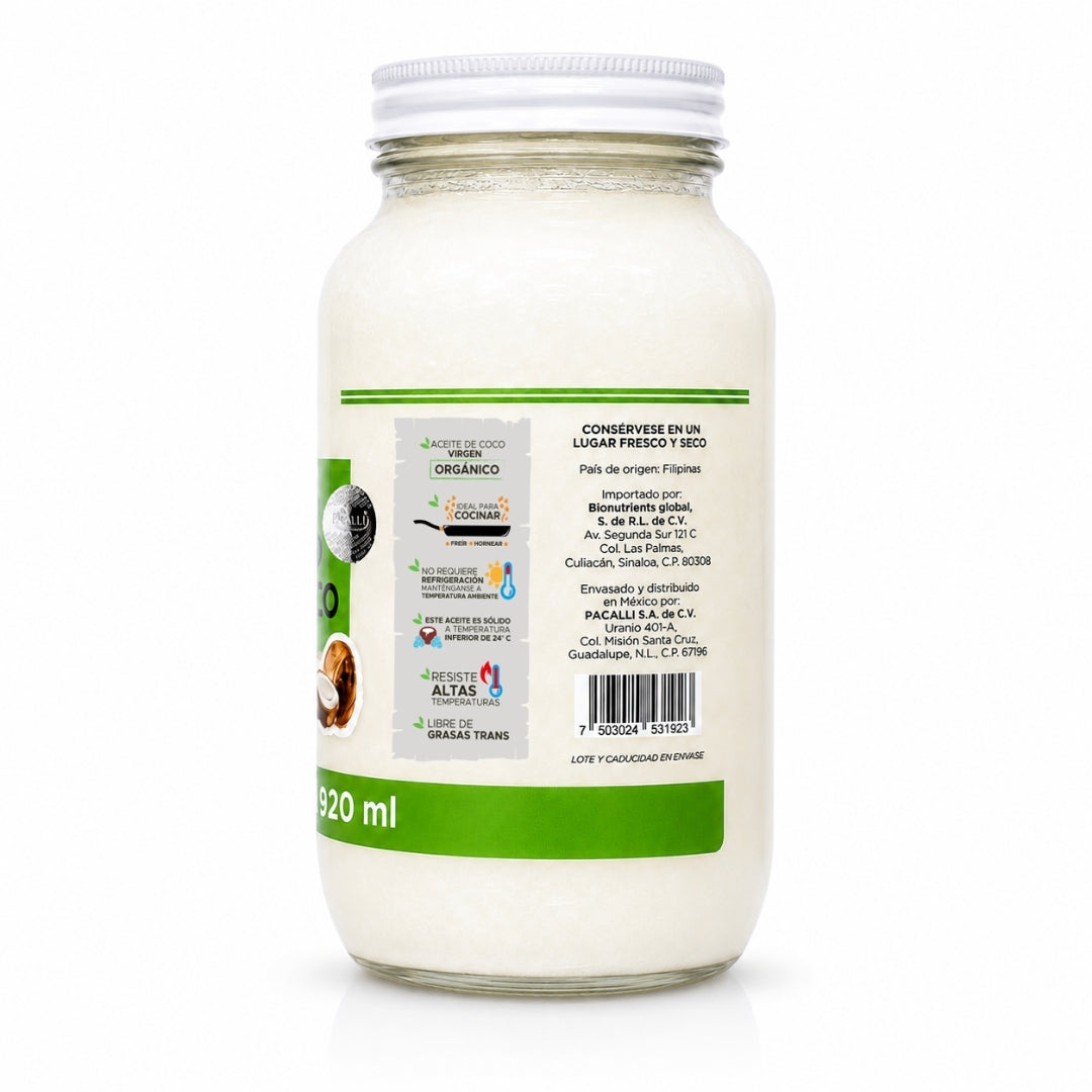 Aceite Comestible Puro de Coco Organico PACALLI · Neutro para Cocina y Repostería · 920 ml