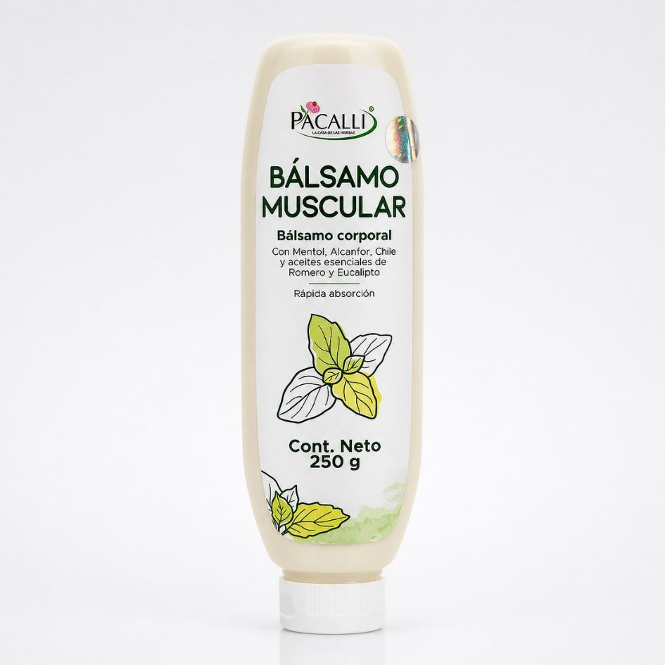 Bálsamo Muscular PACALLI · Fórmula con Aceites Esenciales y Extractos de Origen Natural · 250 g