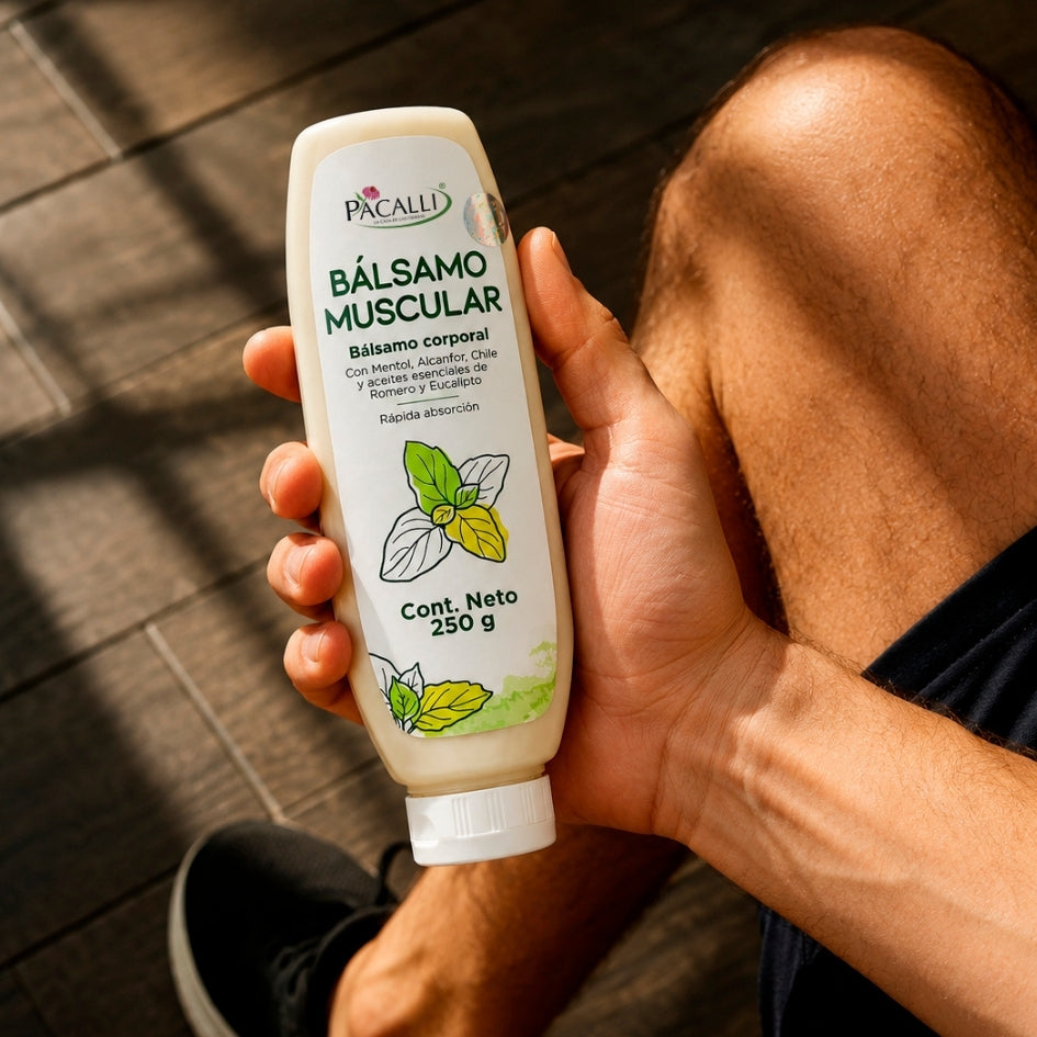 Bálsamo Muscular PACALLI · Fórmula con Aceites Esenciales y Extractos de Origen Natural · 250 g