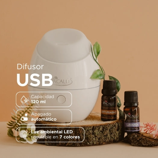 Difusor USB PACALLI · Ultrasonido con Luces LED y Apagado Automático · 120 ml