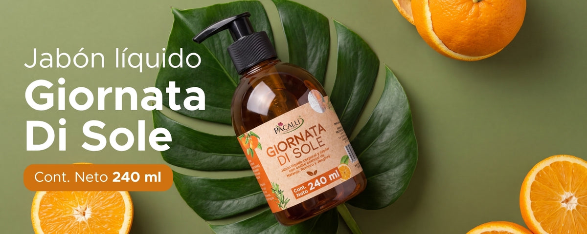 Jabón Liquido Giornata di Sole PACALLI · Con Extracto de Romero y Aceite Esencial de Naranja · 240 ml