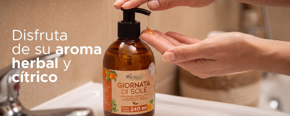 Jabón Liquido Giornata di Sole PACALLI · Con Extracto de Romero y Aceite Esencial de Naranja · 240 ml
