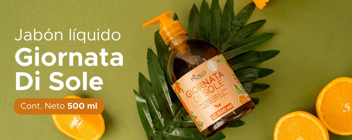 Jabón Liquido Giornata di Sole PACALLI · Con Extracto de Romero y Aceite Esencial de Naranja · 500 ml
