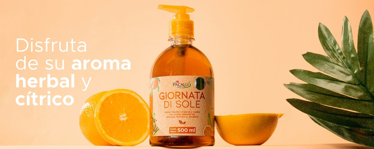 Jabón Liquido Giornata di Sole PACALLI · Con Extracto de Romero y Aceite Esencial de Naranja · 500 ml