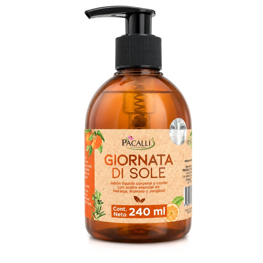 Jabón Liquido Giornata di Sole · Con Extracto de Romero y Aceite Esencial de Naranja · 240 ml