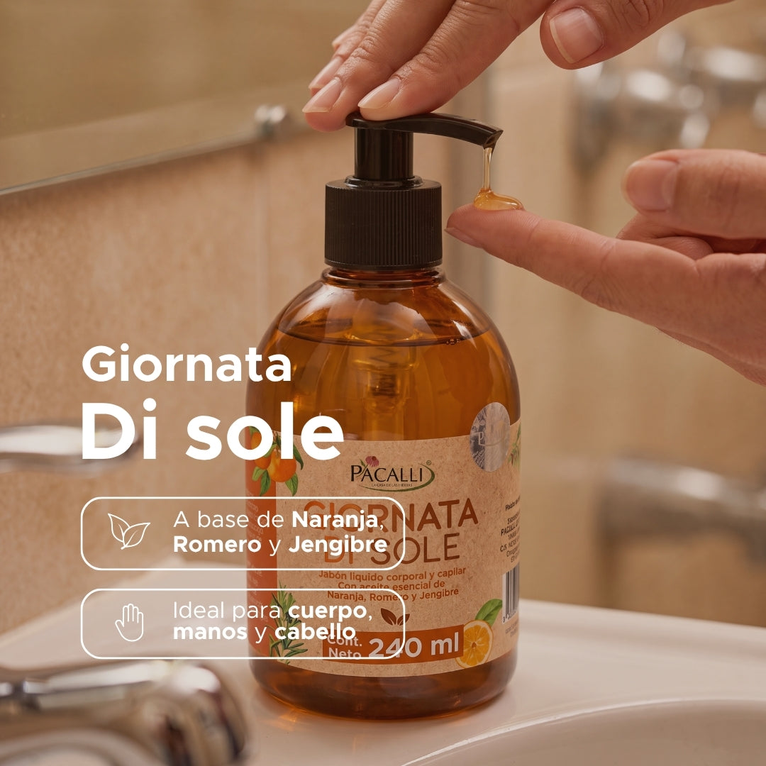 Jabón Liquido Giornata di Sole PACALLI · Con Extracto de Romero y Aceite Esencial de Naranja · 240 ml