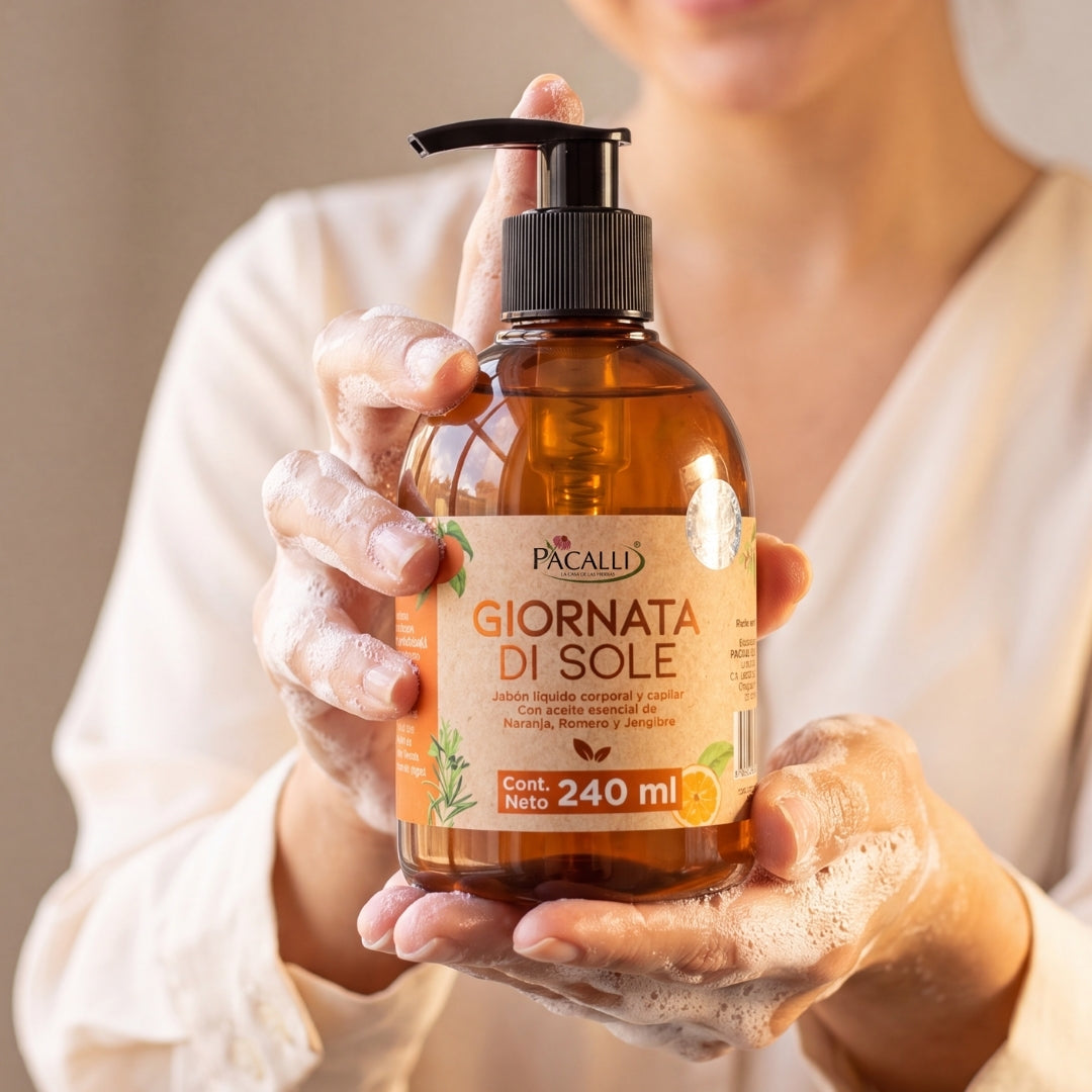 Jabón Liquido Giornata di Sole PACALLI · Con Extracto de Romero y Aceite Esencial de Naranja · 240 ml