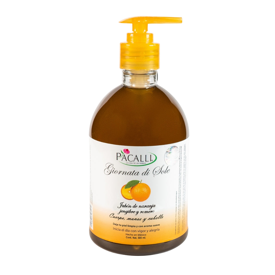 Jabón Liquido Giornata di Sole PACALLI · Con Extracto de Romero y Aceite Esencial de Naranja · 500 ml