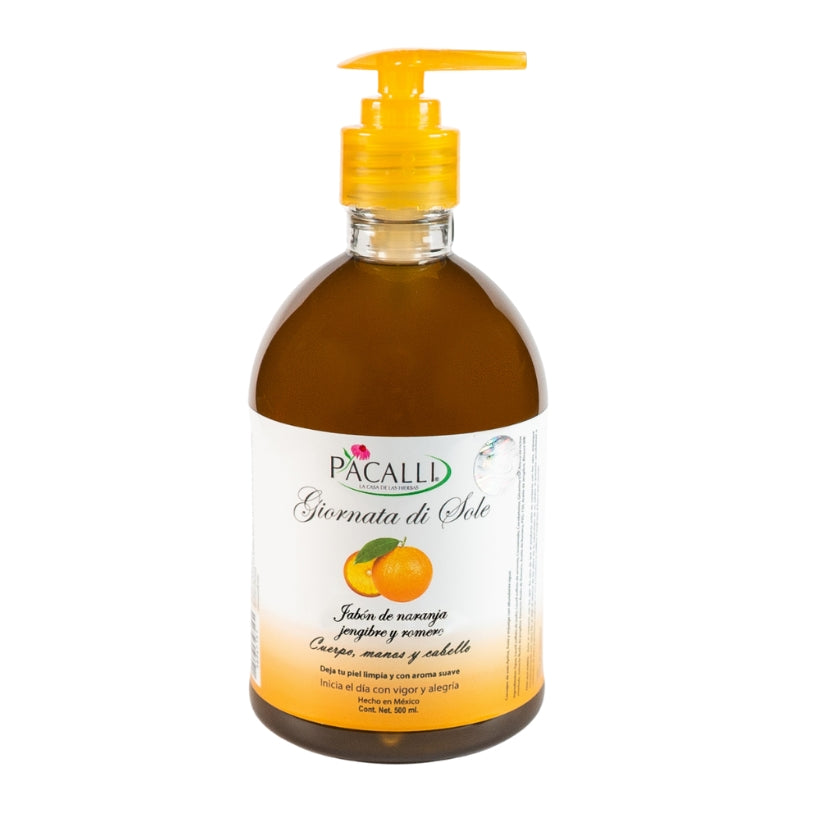 Jabón Liquido Giornata di Sole PACALLI · Con Extracto de Romero y Aceite Esencial de Naranja · 500 ml