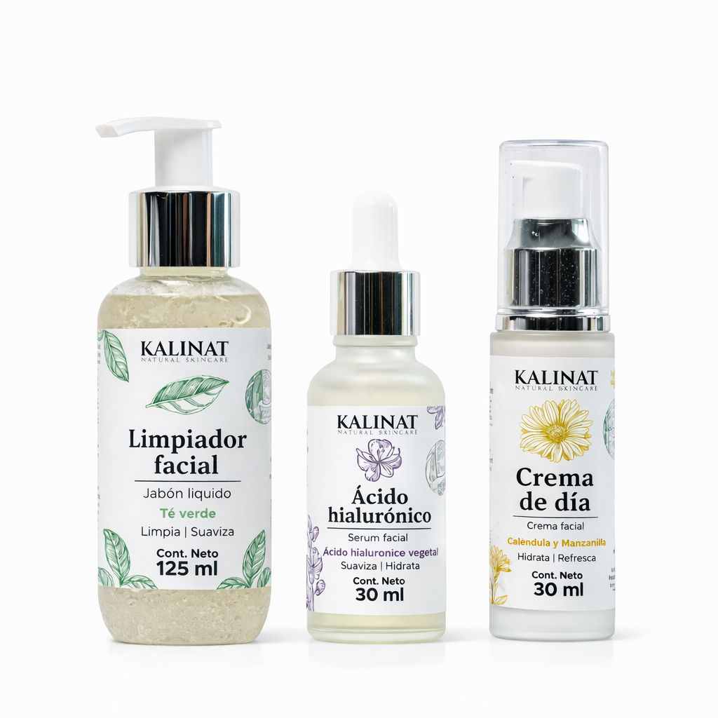 Kit Mi rutina de día Kalinat · 3 piezas (Limpiador Facial, Ácido hialurónico serum y Crema de día)