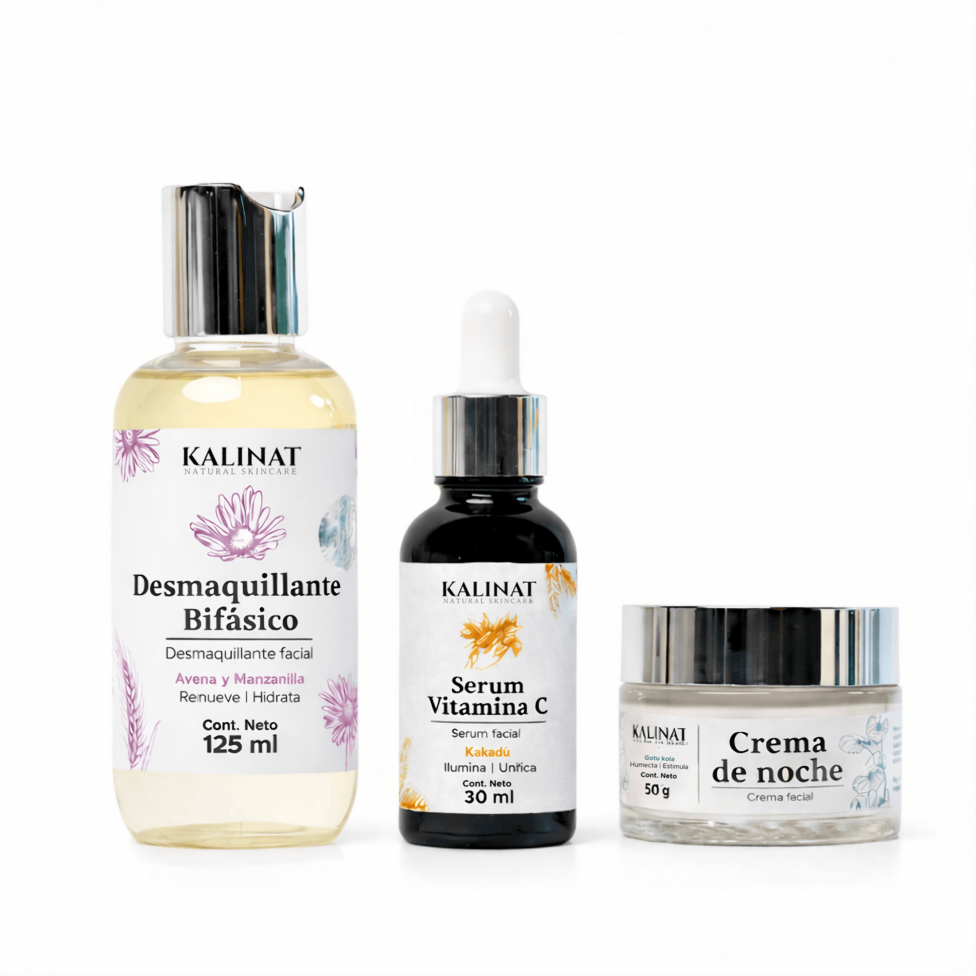 Kit Mi rutina de noche Kalinat · 3 piezas (Desmaquillante bifásico, Serum Vitamina C y Crema de noche)
