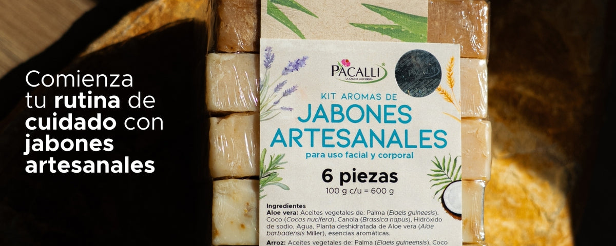 Kit Aromas de Jabones Artesanales PACALLI · 6 Piezas · Aloe Vera, Arroz, Coco, Lavanda, Romero y Vainilla · 100 g c/u