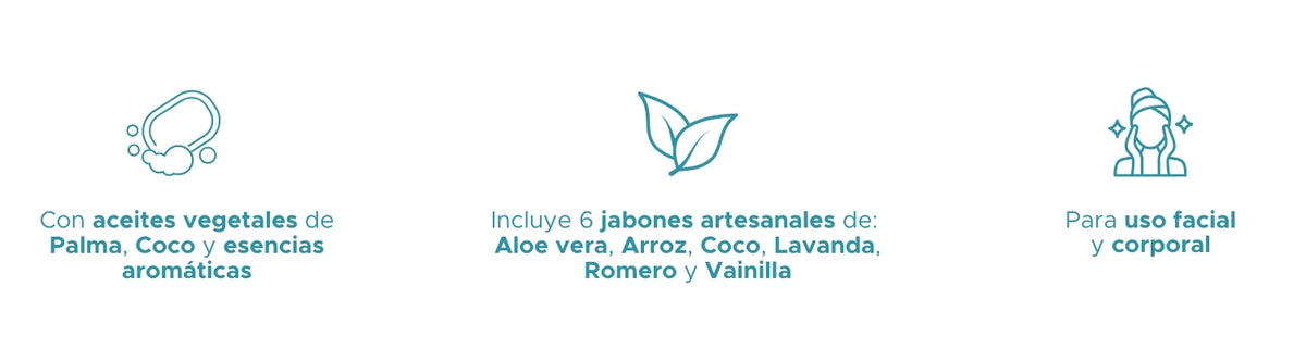 Kit Aromas de Jabones Artesanales PACALLI · 6 Piezas · Aloe Vera, Arroz, Coco, Lavanda, Romero y Vainilla · 100 g c/u