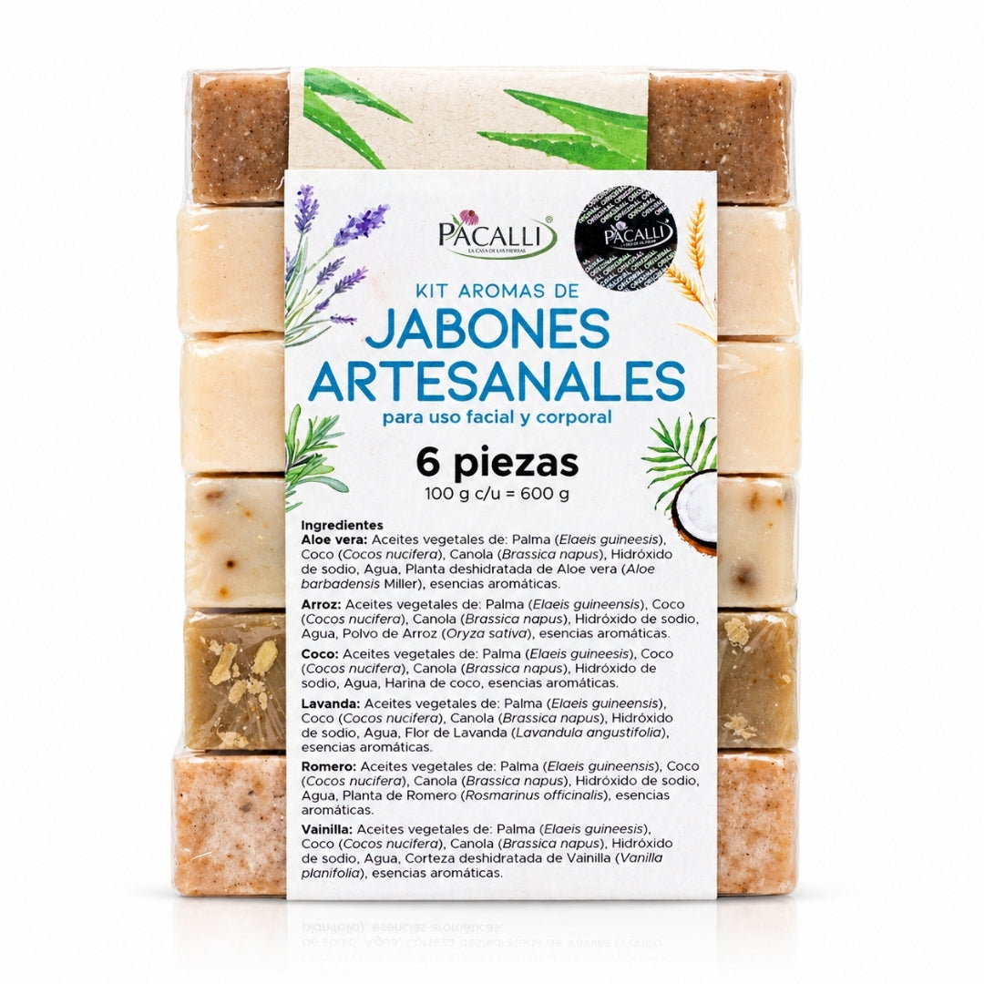 Kit Aromas de Jabones Artesanales · 6 Piezas · Aloe Vera, Arroz, Coco, Lavanda, Romero y Vainilla · 100 g c/u