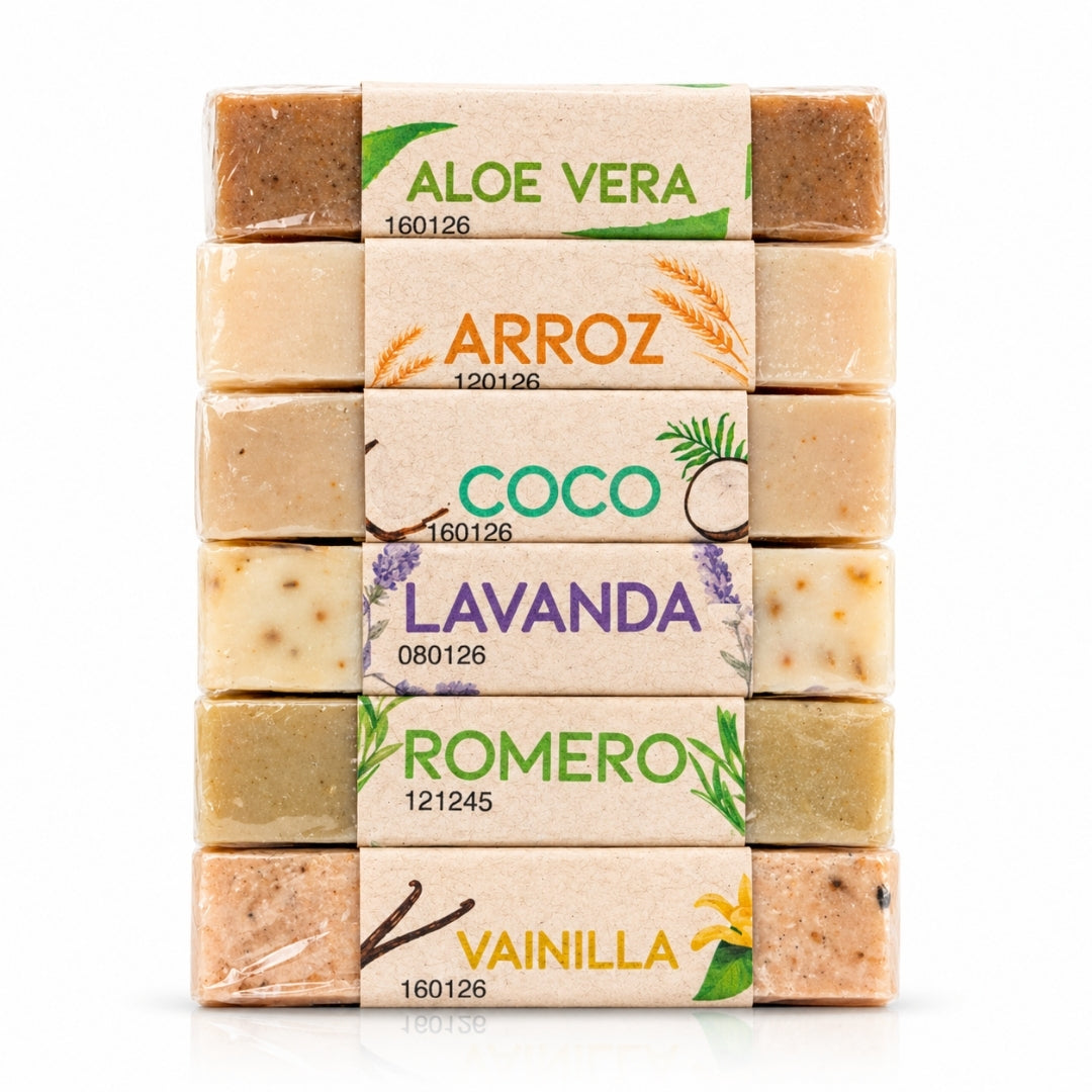 Kit Aromas de Jabones Artesanales · 6 Piezas · Aloe Vera, Arroz, Coco, Lavanda, Romero y Vainilla · 100 g c/u