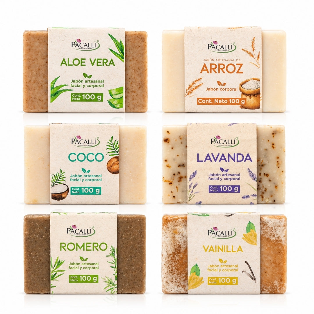 Kit Aromas de Jabones Artesanales · 6 Piezas · Aloe Vera, Arroz, Coco, Lavanda, Romero y Vainilla · 100 g c/u