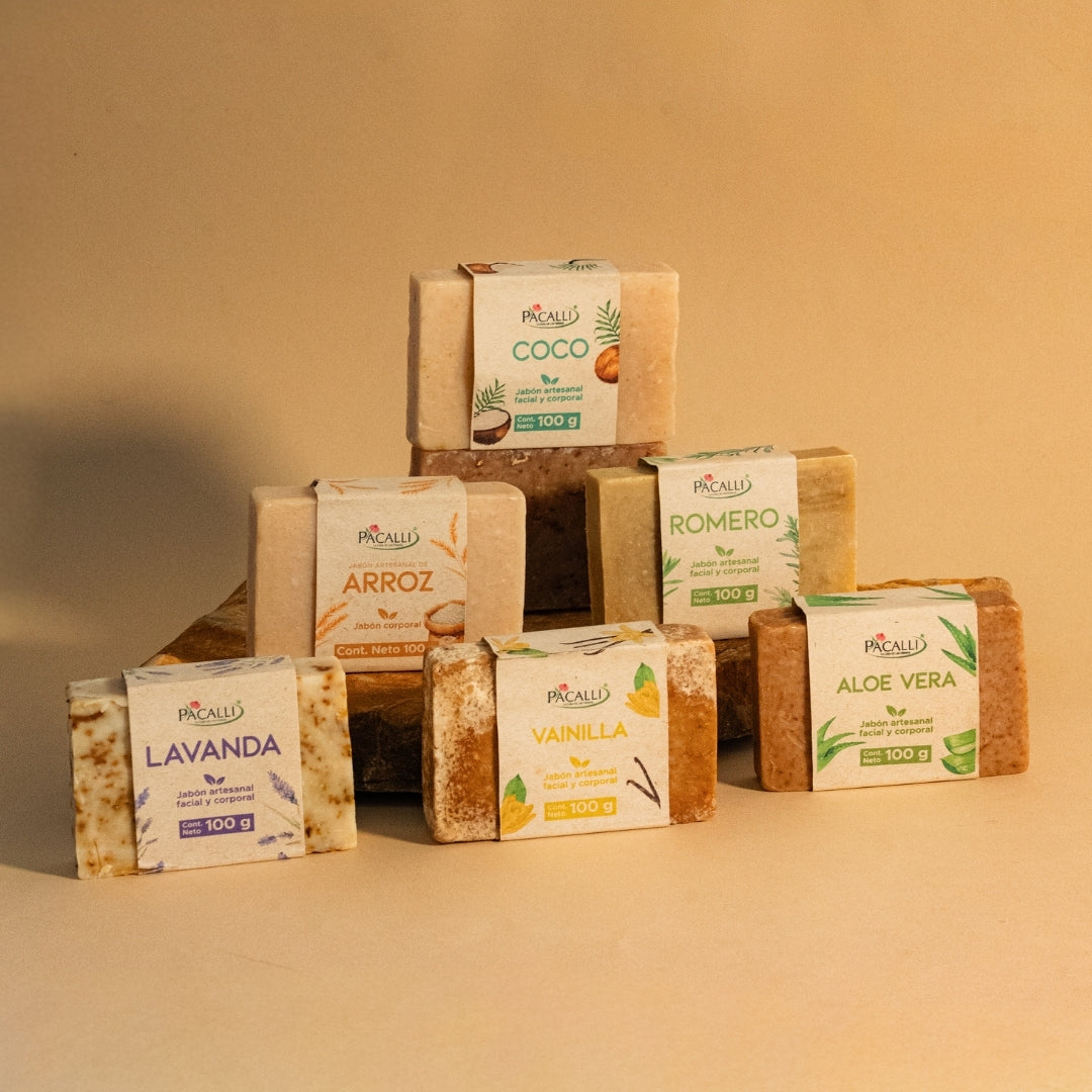 Kit Aromas de Jabones Artesanales · 6 Piezas · Aloe Vera, Arroz, Coco, Lavanda, Romero y Vainilla · 100 g c/u
