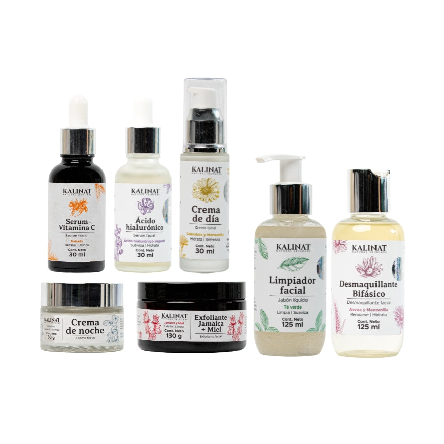Kit Completo Kalinat · 7 piezas (Mi rutina de día + Mi rutina de noche + Exfoliante Jamaica y Miel)